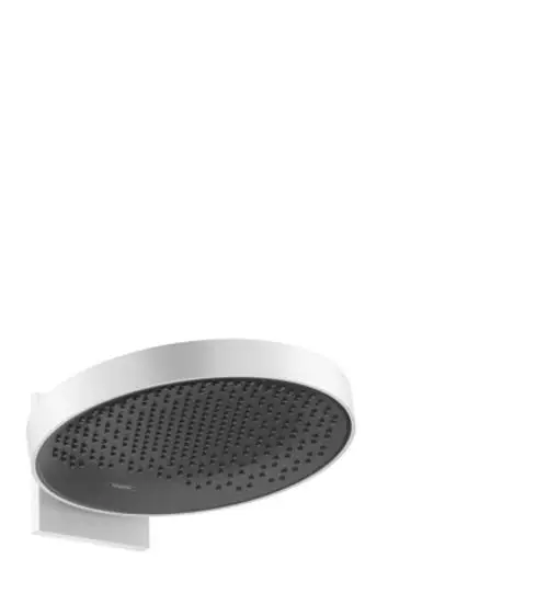 Hansgrohe Kopfbrause mit wandmontiertem Anschluss, runde Form und schwarzer Duschfläche, geeignet für die Installation in Badezimmern.